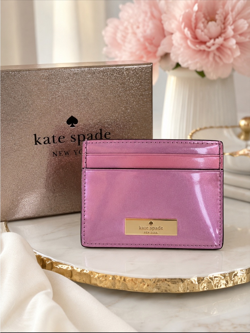 NWT Kate Spade Kenzie Patent Leather Card Holder Quartz Pink w/ Box